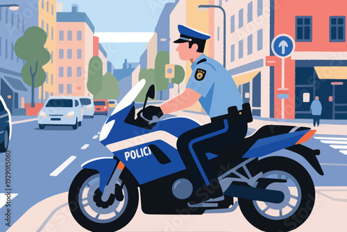Illustration Of A Police Officer Riding A Big Motorbike On The Highway Vector Design Template