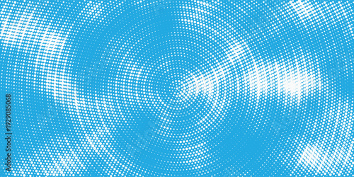 frost swirl background, icy blue and white halftone dots, radial frozen vortex pattern.