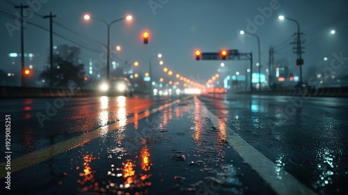 Rain-soaked city street at night with glowing traffic lights and reflections on wet asphalt