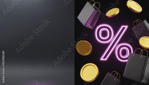 High-end 3D render Black Friday sale background with glowing neon percent sign, floating black shopping bags, gold coins, and large dark copy space.