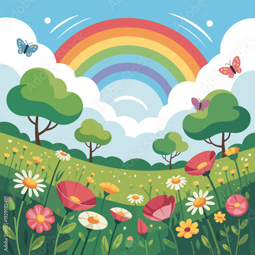 Colorful Spring Meadow Landscape with Rainbow, Flowers and Butterflies Cartoon Vector Illustration