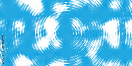 Futuristic frost swirl background, icy blue and white halftone dots, radial frozen vortex pattern. creative background