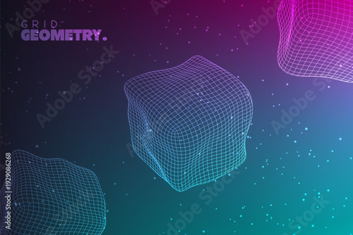 Abstract 3D wireframe background with distorted geometric cubes, neon blue and purple gradients, and glowing particles. Futuristic digital mesh for technology and science design. Vector.
