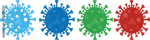 Colorful coronavirus cell icon set with glossy virus shapes for medical infection microbiology pandemic awareness and healthcare design.