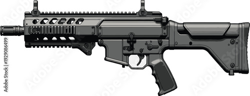 Automatic assault rifle and military firearm weapon isolated on white background with metal barrel and trigger for army security or police protection