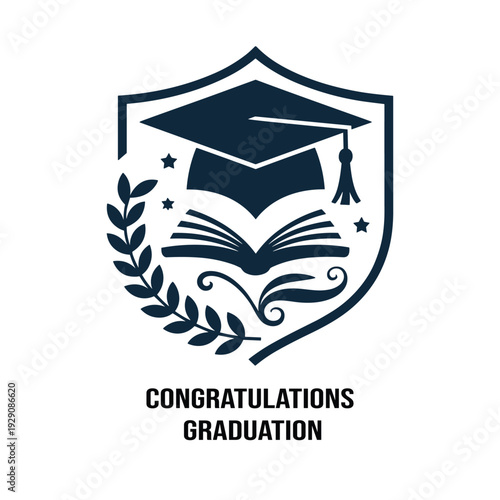 Graduation Crest Logo with Mortarboard, Shield, and Laurel Wreath