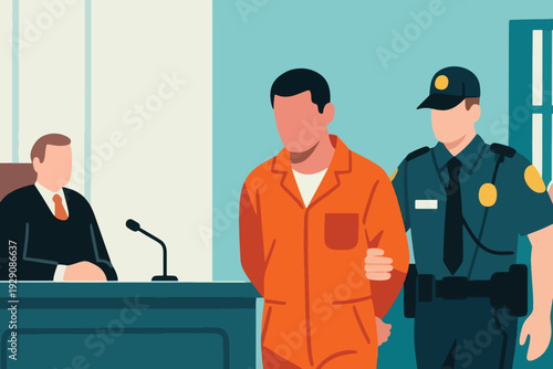 Illustration Of A Police Officer Escorting A Perpetrator To The Courtroom, And A Judge Sitting Waiting Vector Design Template