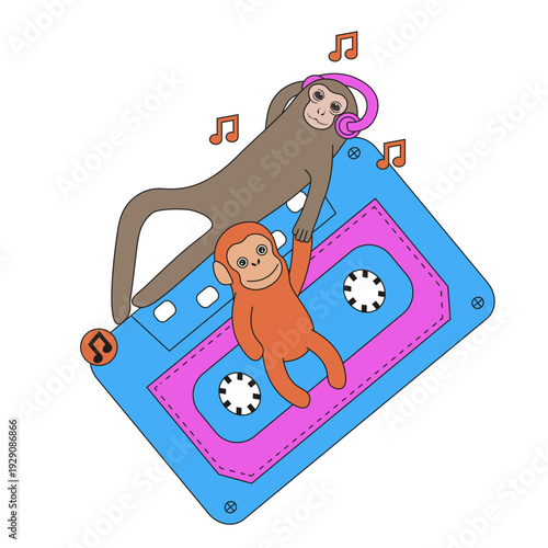 Hand drawn vector Punch Monkey baby on retro audio tape with her mother toy isolated transparent background. Music concept with cute Punch baby. Editable stroke EPS 10