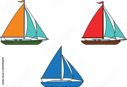 Colorful sailing boat yacht collection with wind sails for sea travel summer vacation marine transport and nautical adventure design.