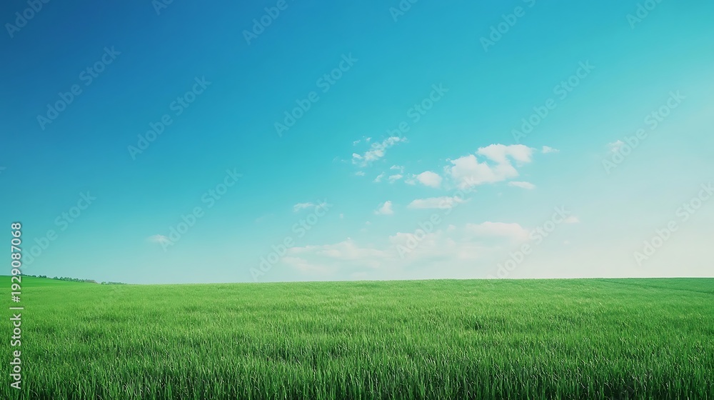 Obraz premium A vibrant summer landscape featuring a lush green grass meadow under a bright blue sky with white clouds over a rural field horizon