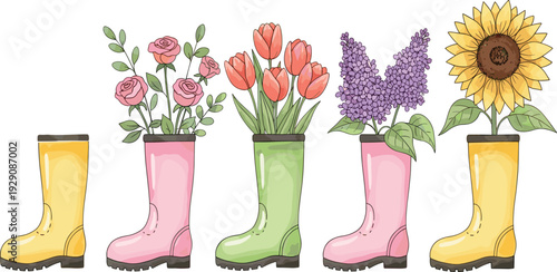 Colorful rubber boots with spring flowers arrangement in flat vector illustration for gardening concept, seasonal decoration, greeting cards and home decor design.