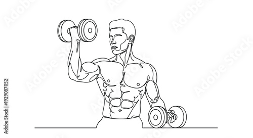 Muscular Man Lifting Dumbbells Line Art Fitness Illustration