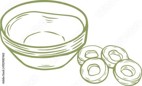 Olive Oil Bowl and Sliced Olives Line Art Vector Illustration, Minimalist Green Outline Food Icon