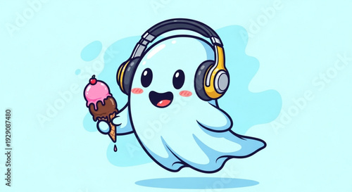 Happy ghost enjoying ice cream with headphones on