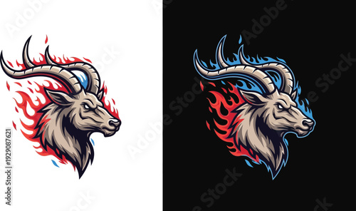 Two stylized illustrations of a fierce goat's head with fiery red and blue flames, one on white and one on black background.