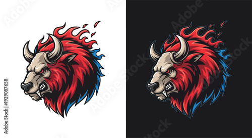 A fierce bison or bull head with red fur and blue accents, surrounded by flames, depicted as an aggressive mascot or logo.