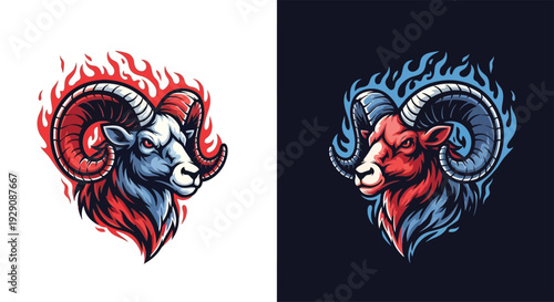 Two stylized illustrations of a fierce ram's head, one with red flames on a white background and the other with blue flames on a dark background, showcasing contrasting fiery designs.