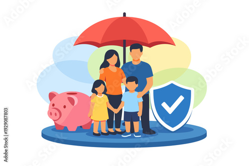 Family Protected Under Umbrella With Piggy Bank And Shield.