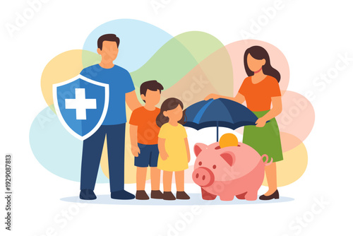 Family Protection and Savings with Insurance Shield and Piggy Bank.