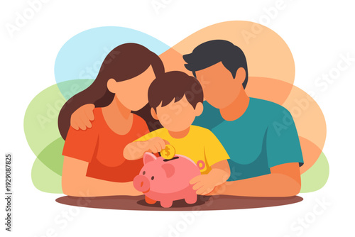 Family saving money in piggy bank together illustration.