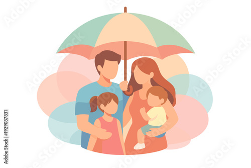 Happy family protected under a colorful umbrella illustration.