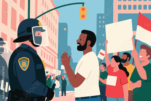 Illustration Of A Representative Of The Demonstrators Communicating With A Police Officer Guarding The Demonstration Vector Design Template