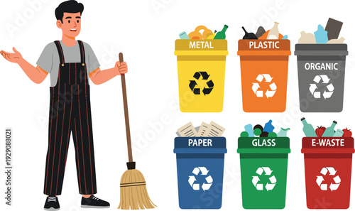 Man presenting recycling bins with broom waste management metal