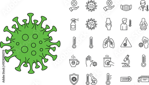 Coronavirus prevention and healthcare line icon set with virus temperature mask sanitizer vaccine and medical protection symbols for pandemic awareness design.