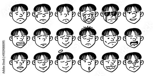Collection of 18 Sad and Crying Character Faces. Melancholy Human Emotion Set in Bold Urban Graffiti Tag Style for Expressive Design.