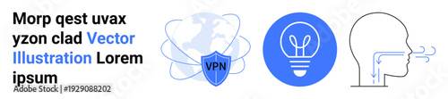 Data protection, innovation, health analysis, breath monitoring, global connectivity, secure technology. VPN shield, light bulb and airflow in a face. Data protection and innovation