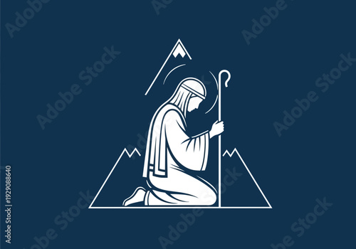 Kneeling figure with staff and mountains icon