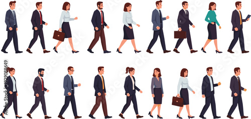 Business people walking in various poses and outfits suits briefcases