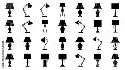 Lamp Silhouette Mega Vector Set – Diverse Table, Desk, and Floor Light Icons Featuring Classic and Modern Styles for Interior Graphics and Home Lighting Projects