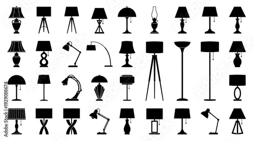 Lamp Silhouette Mega Vector Set – Diverse Table, Desk, and Floor Light Icons Featuring Classic and Modern Styles for Interior Graphics and Home Lighting Projects