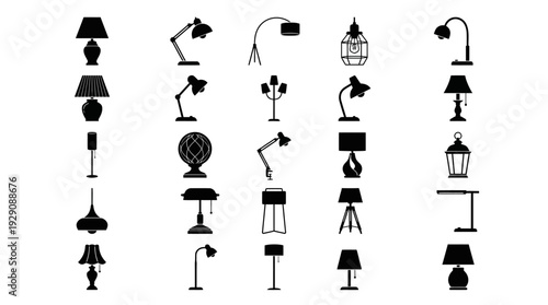 Lamp Silhouette Mega Vector Set – Diverse Table, Desk, and Floor Light Icons Featuring Classic and Modern Styles for Interior Graphics and Home Lighting Projects