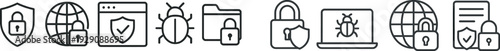 A series of icons depicting cybersecurity topics, including security shields, a globe, a browser, a bug, and a locked folder. These symbols highlight the importance of digital safety.
