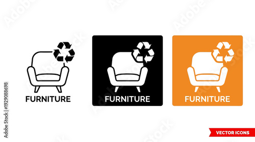 Sustainable Furniture Icon Set – Eco-Friendly Armchair Symbols Featuring Recycling Emblems for Green Living Graphics, Environmental Branding, and Conscious Interior Design Projects