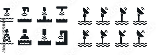 Various black icons illustrate water extraction and monitoring systems. These designs feature pumps, towers, and sensors above a water surface, highlighting equipment used in marine environments.