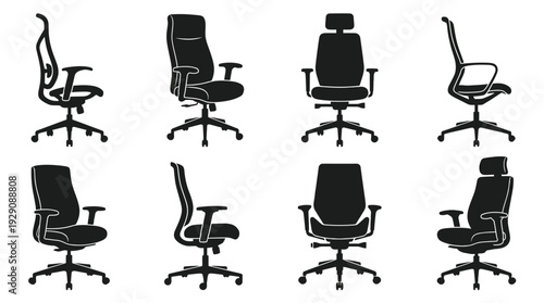 Executive Office Chair Silhouette Vector Set – Ergonomic Seating Icons Featuring Swivel, High-Back, and Armrest Designs for Workplace Graphics and Furniture Design Projects