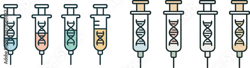 Syringes lined up display different colored liquids, each containing a representation of DNA. This setting emphasizes scientific research and exploration in genetics.
