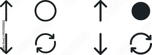 Four clear symbols are arranged in a grid format, showcasing upward and downward arrows, a circular shape, and a refresh icon. These symbols convey movement and recycling concepts.