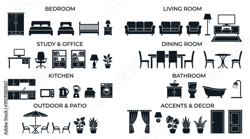 Household Furniture & Appliance Icon Set – Comprehensive Home Interior Symbols Featuring Bedroom, Living Room, Kitchen, Office, and Decor Elements for Design Projects