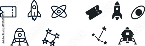 Collection of minimalist icons related to space exploration, featuring a ticket, rocket, atomic symbol, lunar lander, and a constellation.
