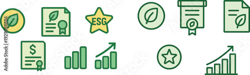Various icons depict themes of sustainability and finance, including a leaf, certificates, and growth metrics, reflecting current trends in environmental standards and business practices.
