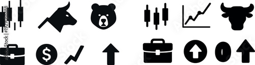 Various financial symbols are displayed, featuring a bull and bear alongside charts and currency, representing market trends and investment strategies prominently.