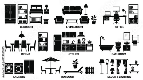 Household Furniture & Appliance Icon Set – Comprehensive Home Interior Symbols Featuring Bedroom, Living Room, Kitchen, Office, and Decor Elements for Design Projects