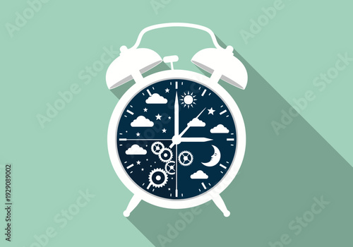 Alarm clock showing day and night cycle with gears, flat design