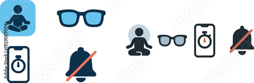 Set of digital icons symbolizing mindfulness, focus, and adaptive technology. Features a meditative figure, glasses, smartphone with timer, and a notification bell symbol.