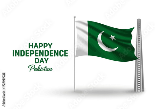 Waving flag of pakistan on pole for independence day celebration