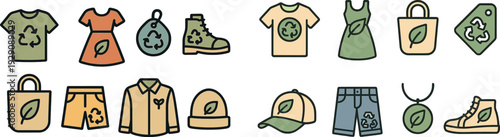 Various clothing and accessory designs highlight sustainable fashion. Items include a t-shirt, dress, boots, shorts, and a reusable bag, all featuring eco-friendly themes.